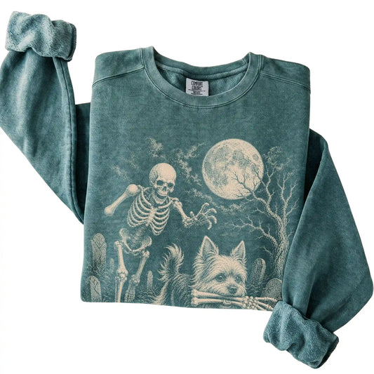 Blue Spruce Skeleton Chase Yorkie Comfort Colors sweatshirt, folded view