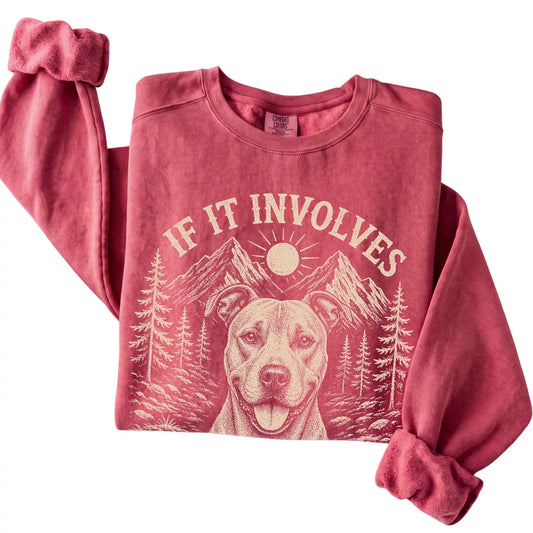 Crimson Comfort Colors® sweatshirt featuring Hiking and Pitbulls, folded presentation