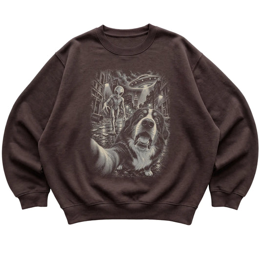 Bernese Mountain Dog Alien Selfie Gildan Crewneck Sweatshirt in Dark Chocolate, flat view