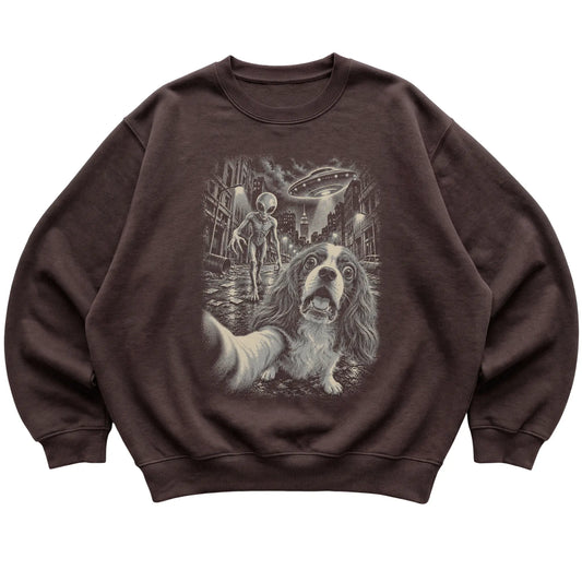Cavalier King Charles Spaniel Alien Selfie Gildan Crewneck Sweatshirt in Dark Chocolate, flat view
