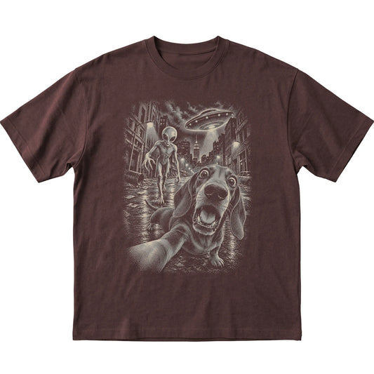Dachshund Alien Selfie Gildan Softstyle T-Shirt in Dark Chocolate, flat view