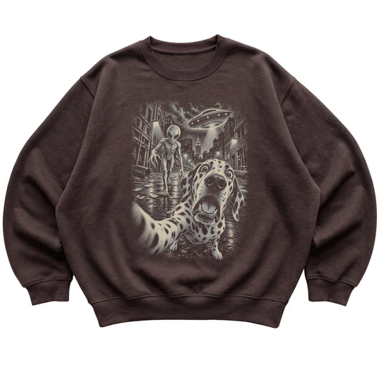 Dalmatian Alien Selfie Gildan Crewneck Sweatshirt in Dark Chocolate, flat view