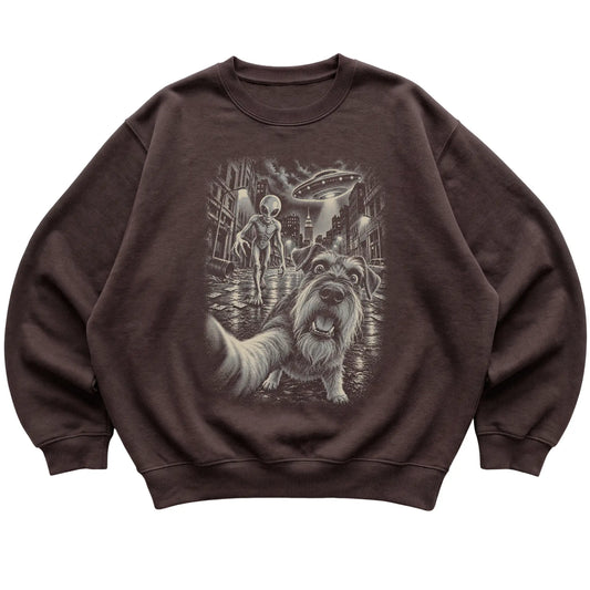 Schnauzer Alien Selfie Gildan Crewneck Sweatshirt in Dark Chocolate, flat view