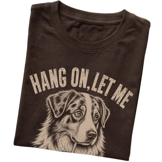 Dark Chocolate T-shirt featuring Overthinking Australian Shepherd, folded presentation
