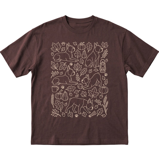 Dark Chocolate Boston Terrier Fall Leaves shirt laid flat