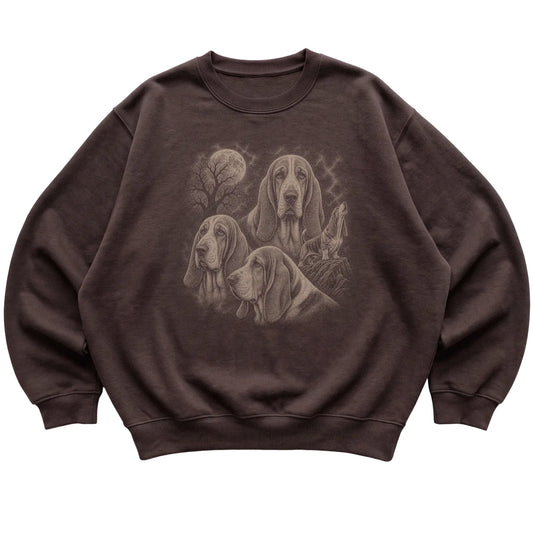 Basset Hound 90s Moon Sweatshirt in Dark Chocolate — flat lay