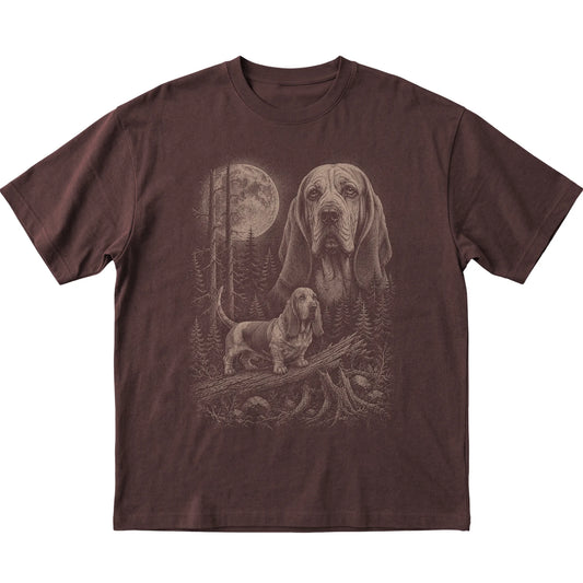 Basset Hound Moonlit Forest graphic on a dark chocolate Softstyle T-shirt laid flat