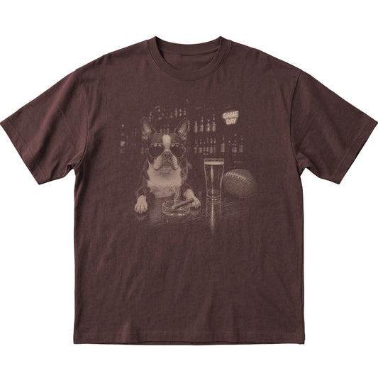 Dark Chocolate Beer and Football Boston Terrier T-shirt, laid flat