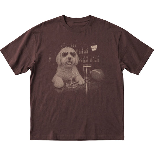 Dark Chocolate Beer and Football Goldendoodle T-shirt, laid flat
