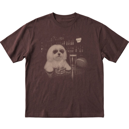 Dark Chocolate Beer and Football Maltese T-shirt, laid flat