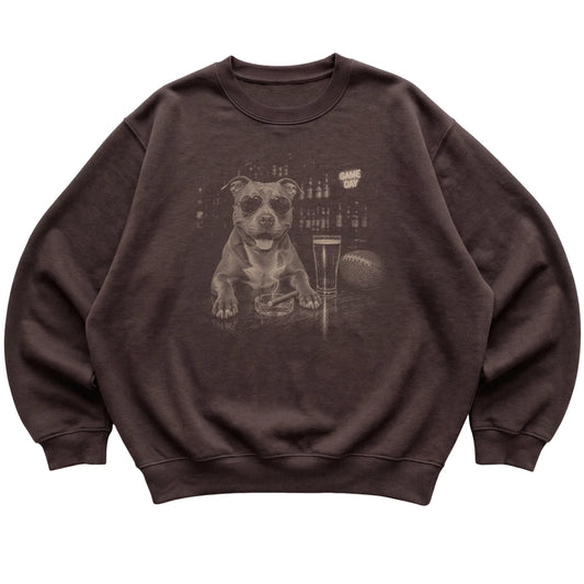 Dark Chocolate Beer and Football Pitbull sweatshirt, laid flat