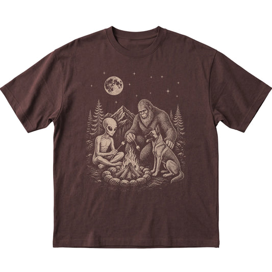 Dark Chocolate Belgian Malinois Camping with Bigfoot and Alien shirt laid flat