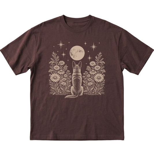 Dark Chocolate T-shirt featuring Wildflower Moon Belgian Malinois, laid-flat presentation