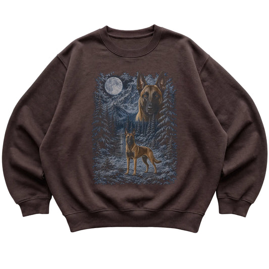 dark chocolate sweatshirt with Belgian Malinois Winter Moon artwork.