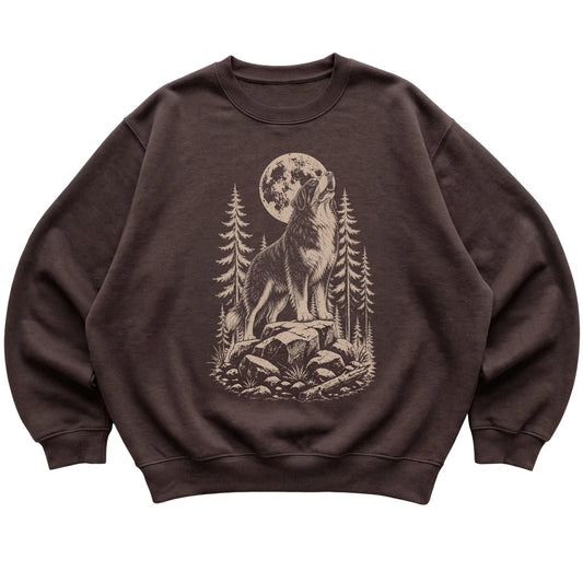 Close view of Bernese Mountain Dog Howling at the Moon artwork on Dark Chocolate crewneck sweatshirt