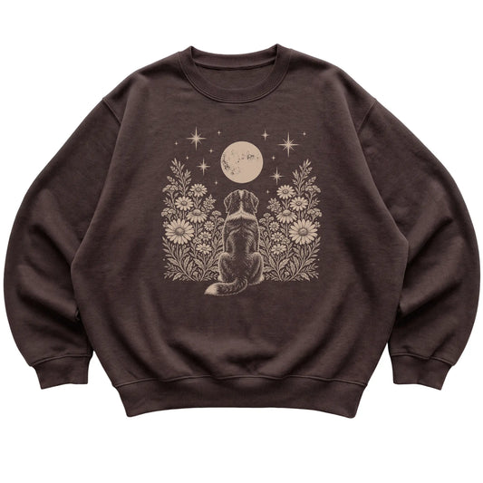 Dark Chocolate crewneck sweatshirt featuring Wildflower Moon Bernese Mountain Dog, laid-flat presentation