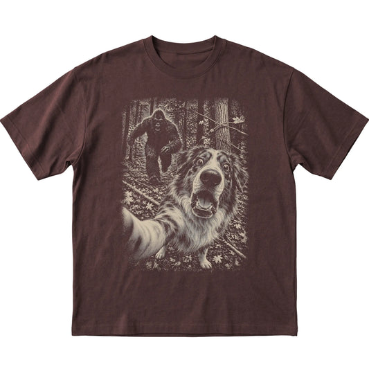 Dark Chocolate Australian Shepherd Bigfoot selfie T-shirt, full garment view
