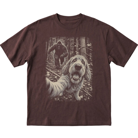 Dark Chocolate Goldendoodle Bigfoot selfie T-shirt, full garment view