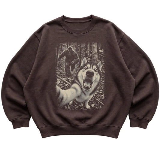 Dark Chocolate Husky Bigfoot selfie sweatshirt, full garment view