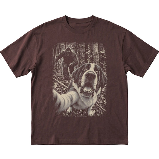 Dark Chocolate Saint Bernard Bigfoot selfie T-shirt, full garment view