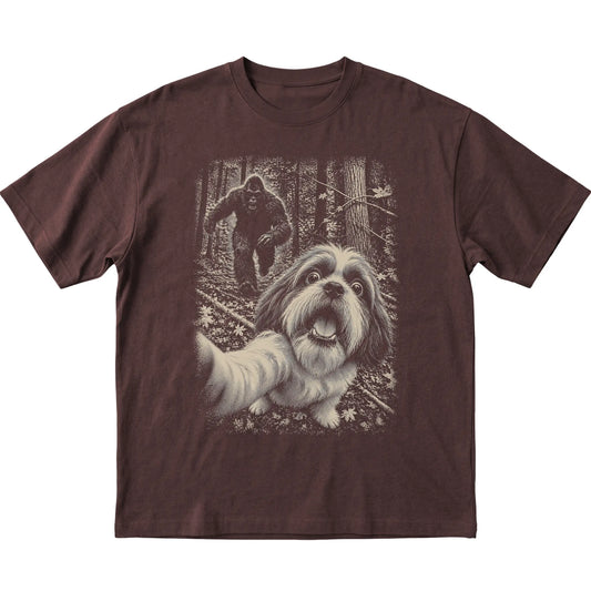 Dark Chocolate Shih Tzu Bigfoot selfie T-shirt, full garment view