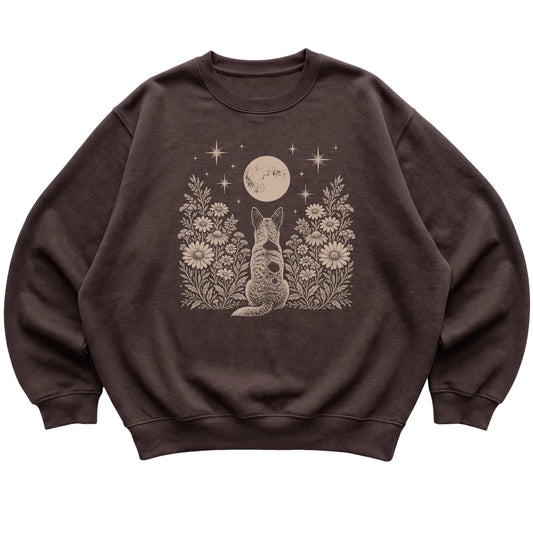 Dark Chocolate crewneck sweatshirt featuring Wildflower Moon Blue Heeler, laid-flat presentation