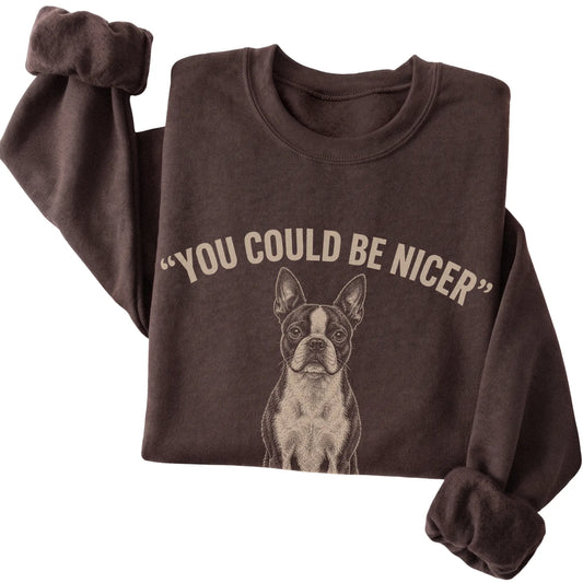 Boston Terrier Guard Dog Sweatshirt in Dark Chocolate — folded detail
