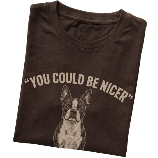 Boston Terrier Guard Dog T-Shirt in Dark Chocolate — folded detail