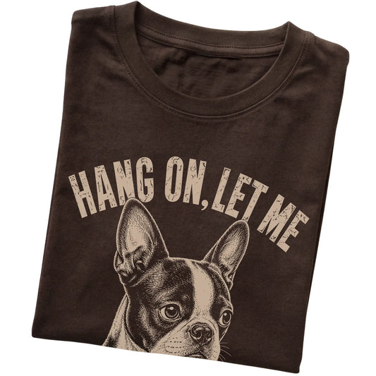 Dark Chocolate T-shirt featuring Overthinking Boston Terrier, folded presentation