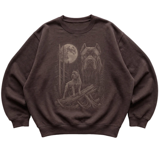 Cane Corso Moonlit Forest graphic on a dark chocolate crewneck sweatshirt laid flat