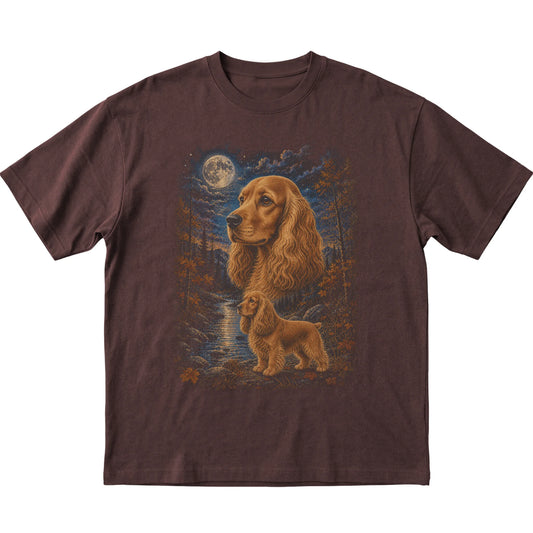 dark chocolate T-shirt with Cocker Spaniel Autumn Moon artwork.
