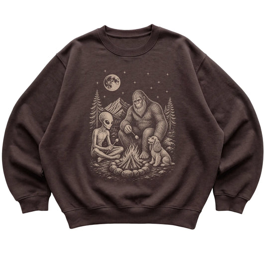Dark Chocolate Cocker Spaniel Camping with Bigfoot and Alien shirt laid flat