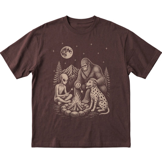 Dark Chocolate Dalmatian Camping with Bigfoot and Alien shirt laid flat