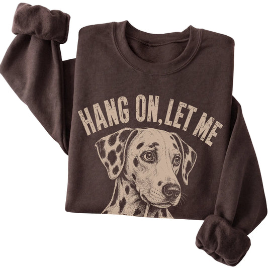Dark Chocolate crewneck sweatshirt featuring Overthinking Dalmatian, folded presentation