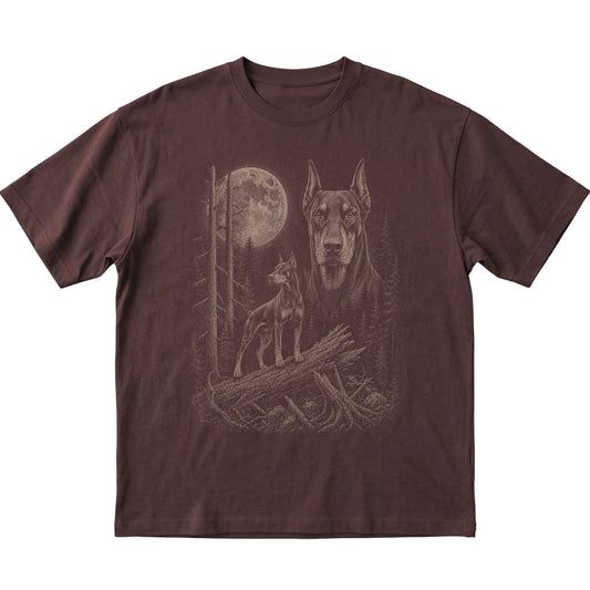 Doberman Moonlit Forest graphic on a dark chocolate Softstyle T-shirt laid flat