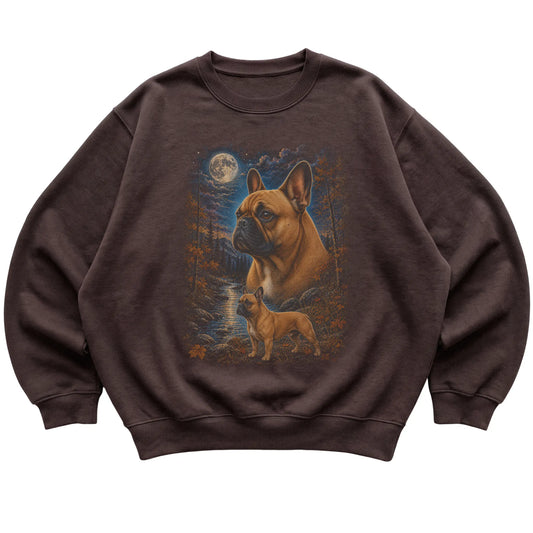 dark chocolate sweatshirt with French Bulldog Autumn Moon artwork.