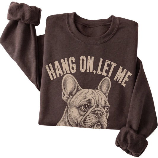 Dark Chocolate crewneck sweatshirt featuring Overthinking French Bulldog, folded presentation