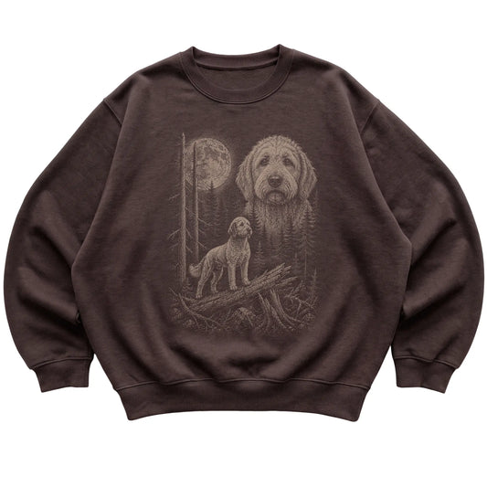 Goldendoodle Moonlit Forest graphic on a dark chocolate crewneck sweatshirt laid flat