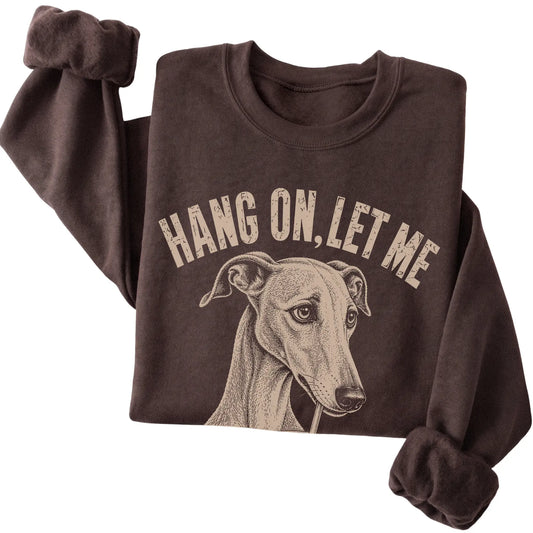 Dark Chocolate crewneck sweatshirt featuring Overthinking Greyhound, folded presentation