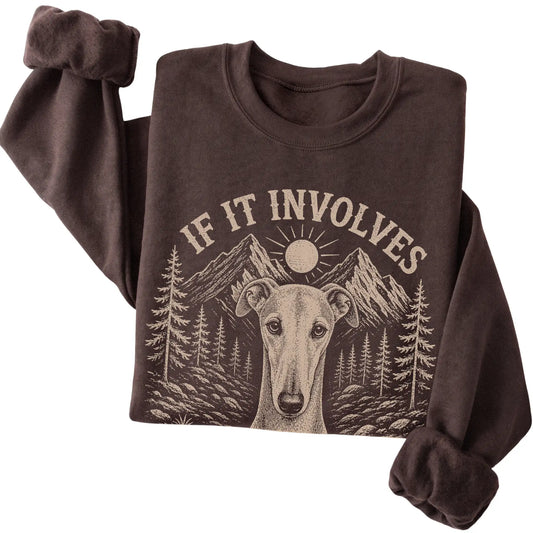 Dark Chocolate Hiking and Greyhounds sweatshirt folded to show the printed design