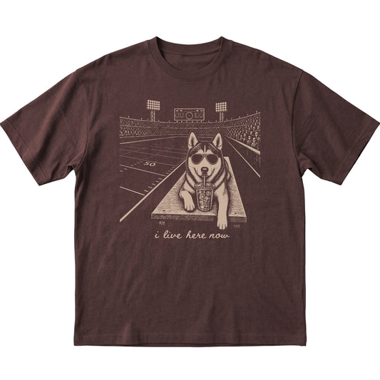 Dark Chocolate Husky Football Tailgate T-shirt, laid flat