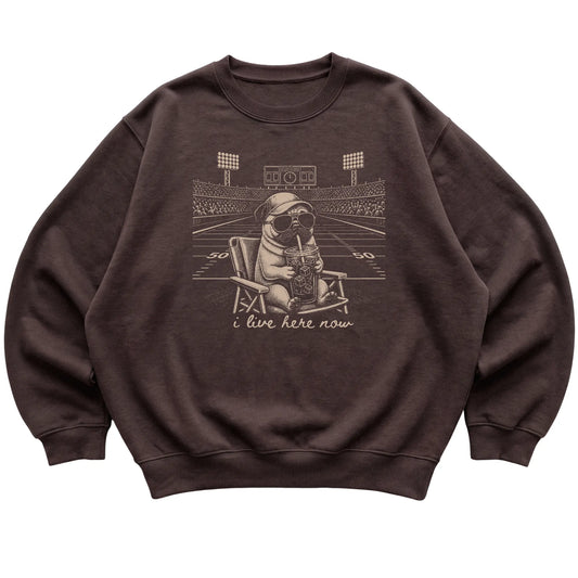 Dark Chocolate I live here now Pug sweatshirt, laid flat
