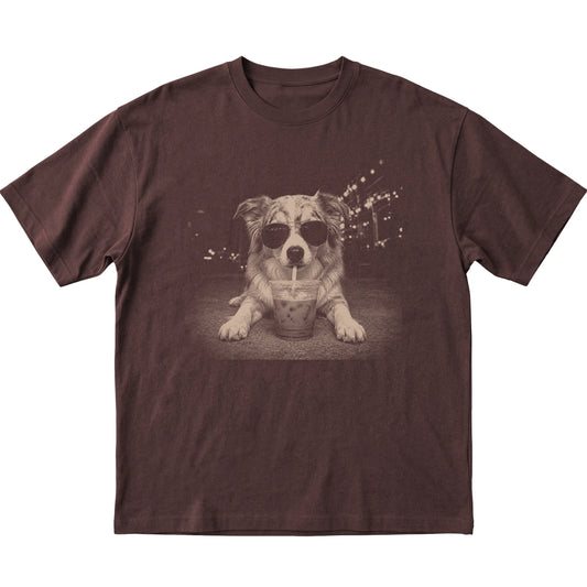 Australian Shepherd wearing aviator sunglasses and drinking iced coffee on a Dark Chocolate Gildan Softstyle T-Shirt, flat lay view