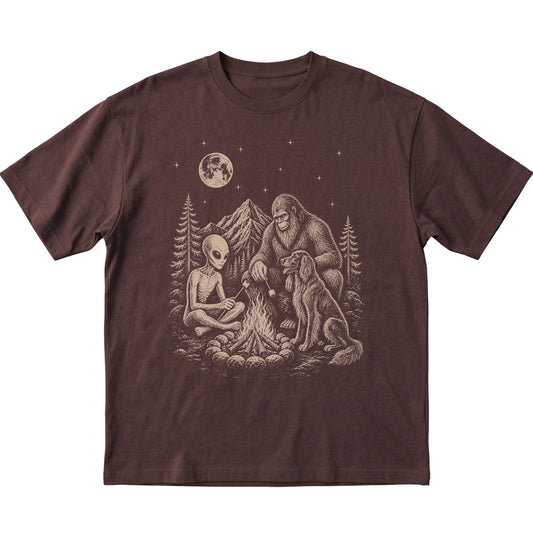 Dark Chocolate Irish Setter Camping with Bigfoot and Alien shirt laid flat