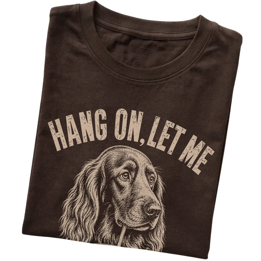 Dark Chocolate T-shirt featuring Overthinking Irish Setter, folded presentation