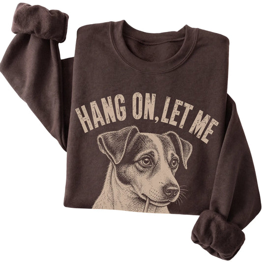 Dark Chocolate crewneck sweatshirt featuring Overthinking Jack Russell, folded presentation