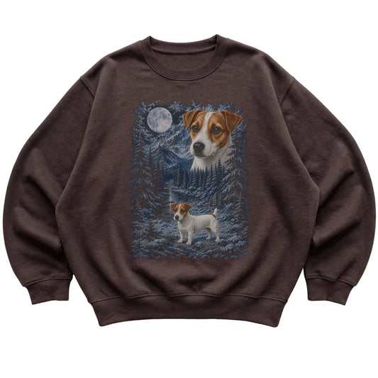 dark chocolate sweatshirt with Jack Russell Winter Moon artwork.
