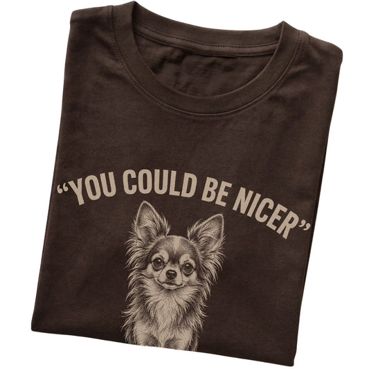 Long-Haired Chihuahua Guard Dog T-Shirt in Dark Chocolate — folded detail