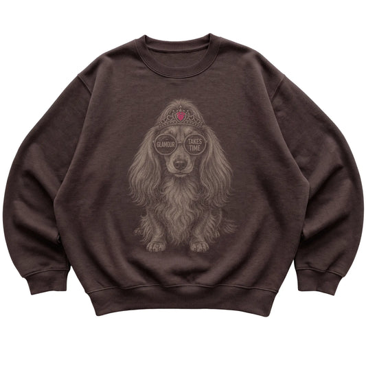 Dark Chocolate Long-Haired Dachshund Glamour Takes Time T-Shirt laid flat