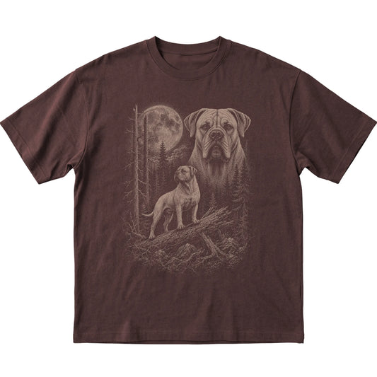 Mastiff Moonlit Forest graphic on a dark chocolate Softstyle T-shirt laid flat
